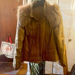Satin puffy bomber jacket with fox fur collar. Collar/sleeves can be removed.